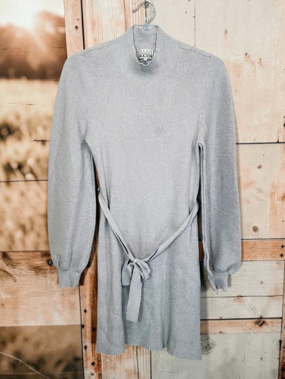 MAJOR MAJOR Puff Lantern Sleeves Rib-knit Sweater Dress sz LG Heather Grey